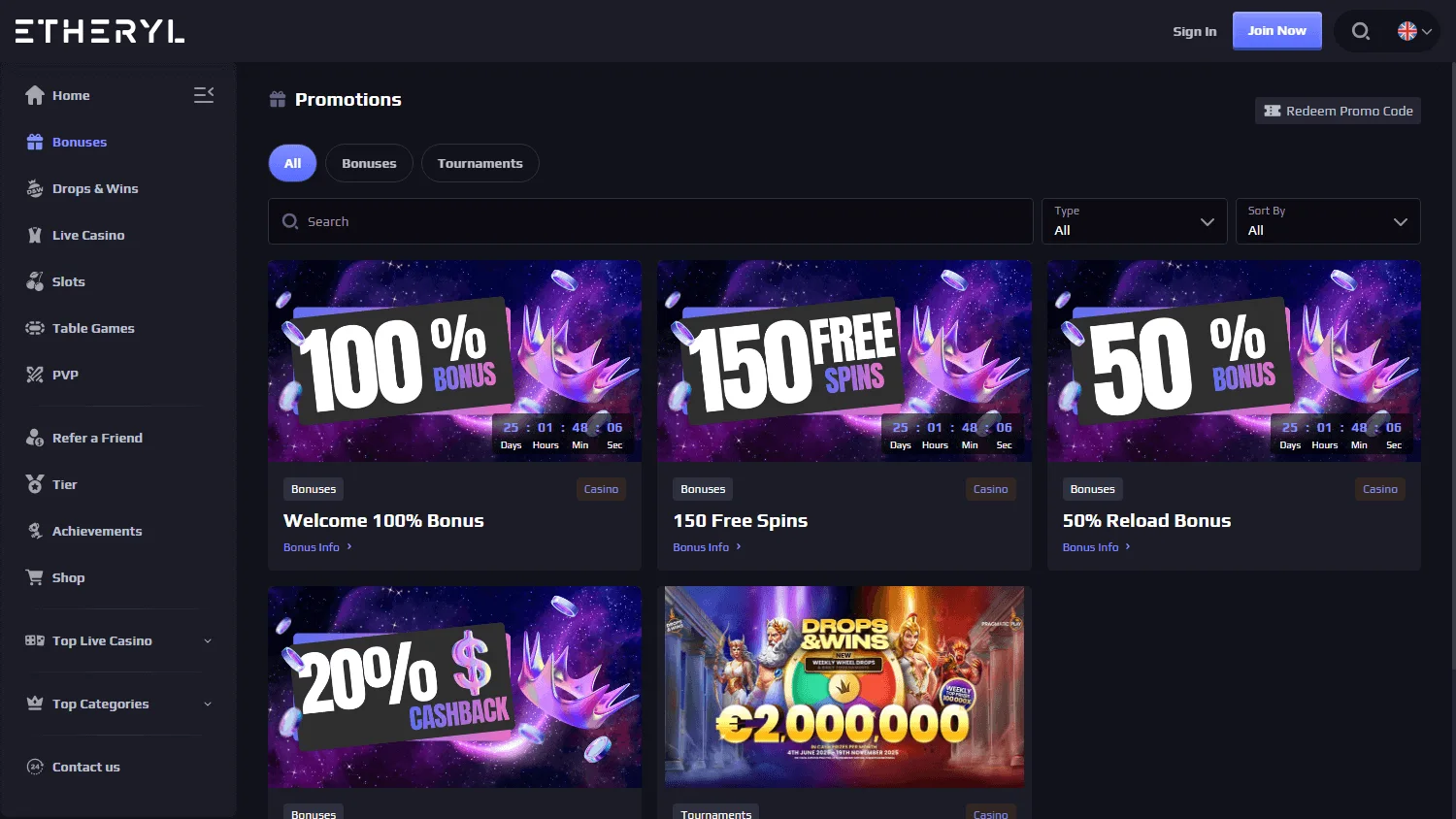 Eth Casino promotions area on a desktop device