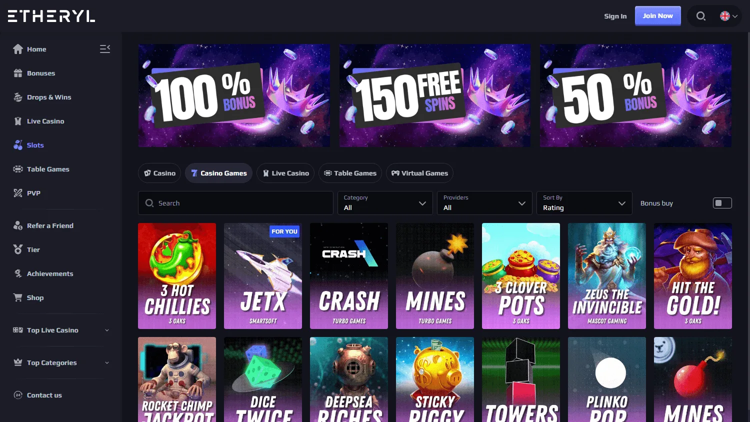 Eth Casino games area on a desktop device
