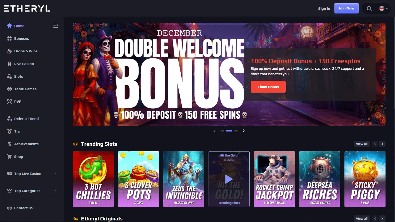 Eth Casino home page on a desktop device