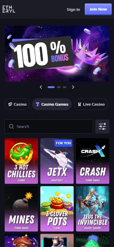 Eth Casino games area on a mobile device