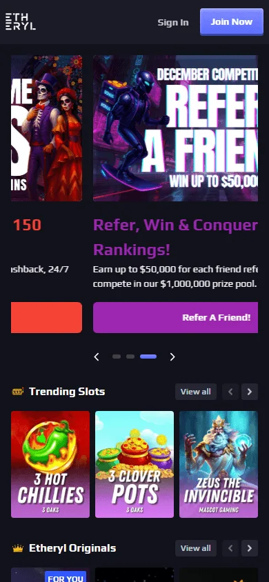Eth Casino home page on a mobile device