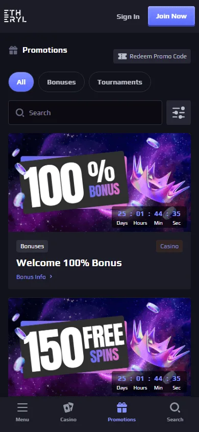 Eth Casino promotions area on a mobile device